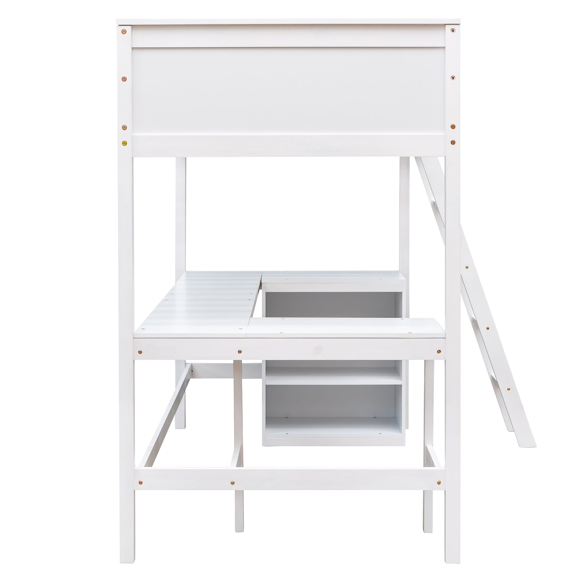 White wooden loft bed with desk and shelves for kids rooms