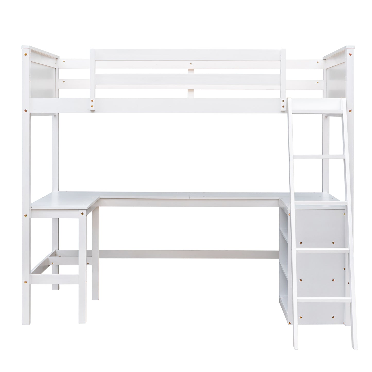 White wooden loft bed with integrated desk and shelves