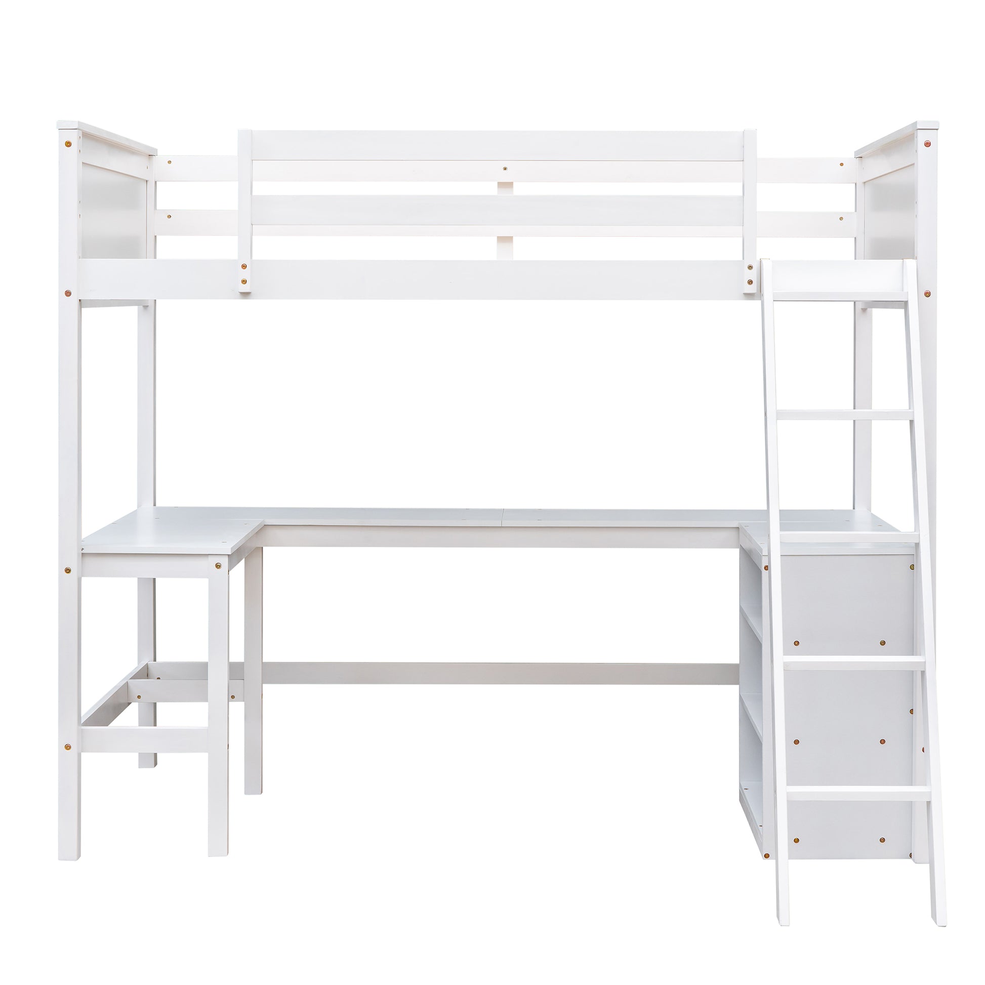 White wooden loft bed with integrated desk and shelves