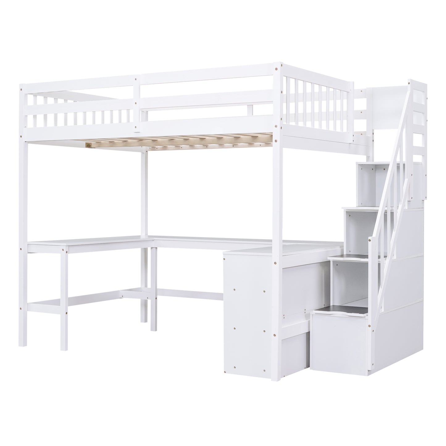 White wooden loft bed with integrated desk and stair storage