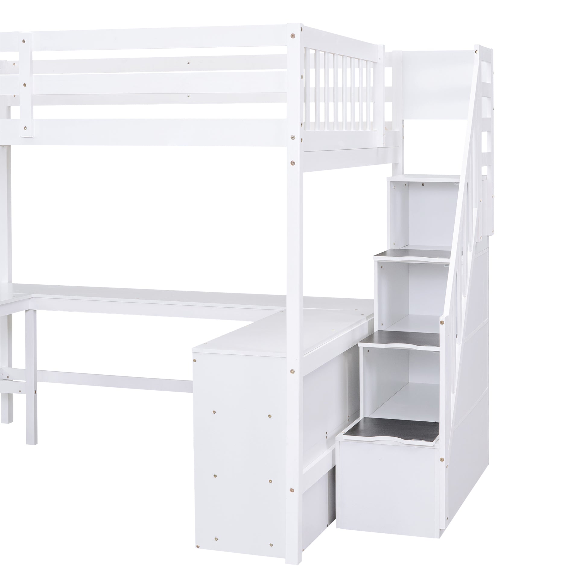 White wooden loft bed with integrated desk and storage stairs