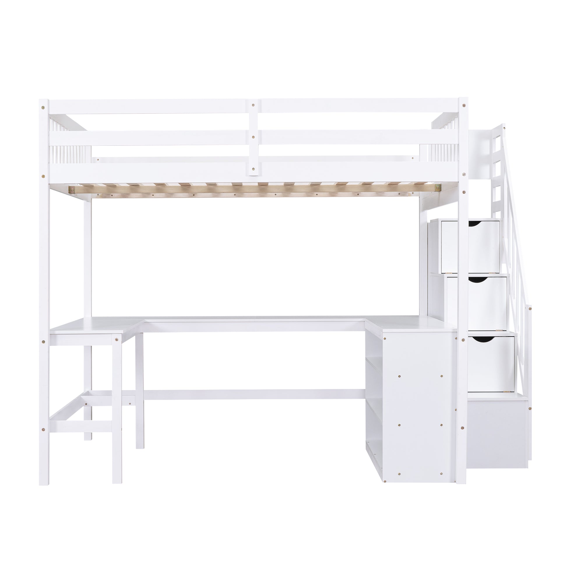 White wooden loft bed with integrated desk and storage stairs