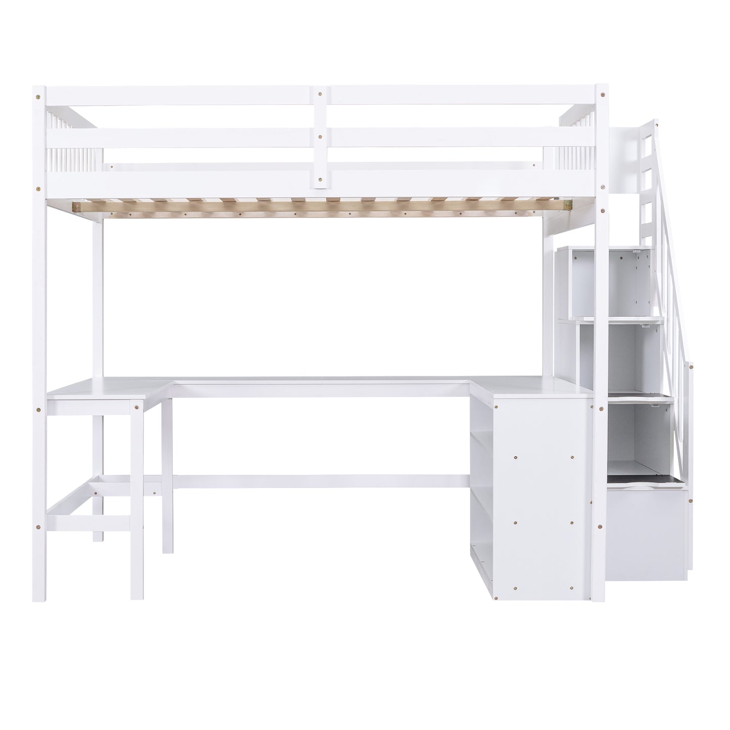 White loft bed with desk and stairs