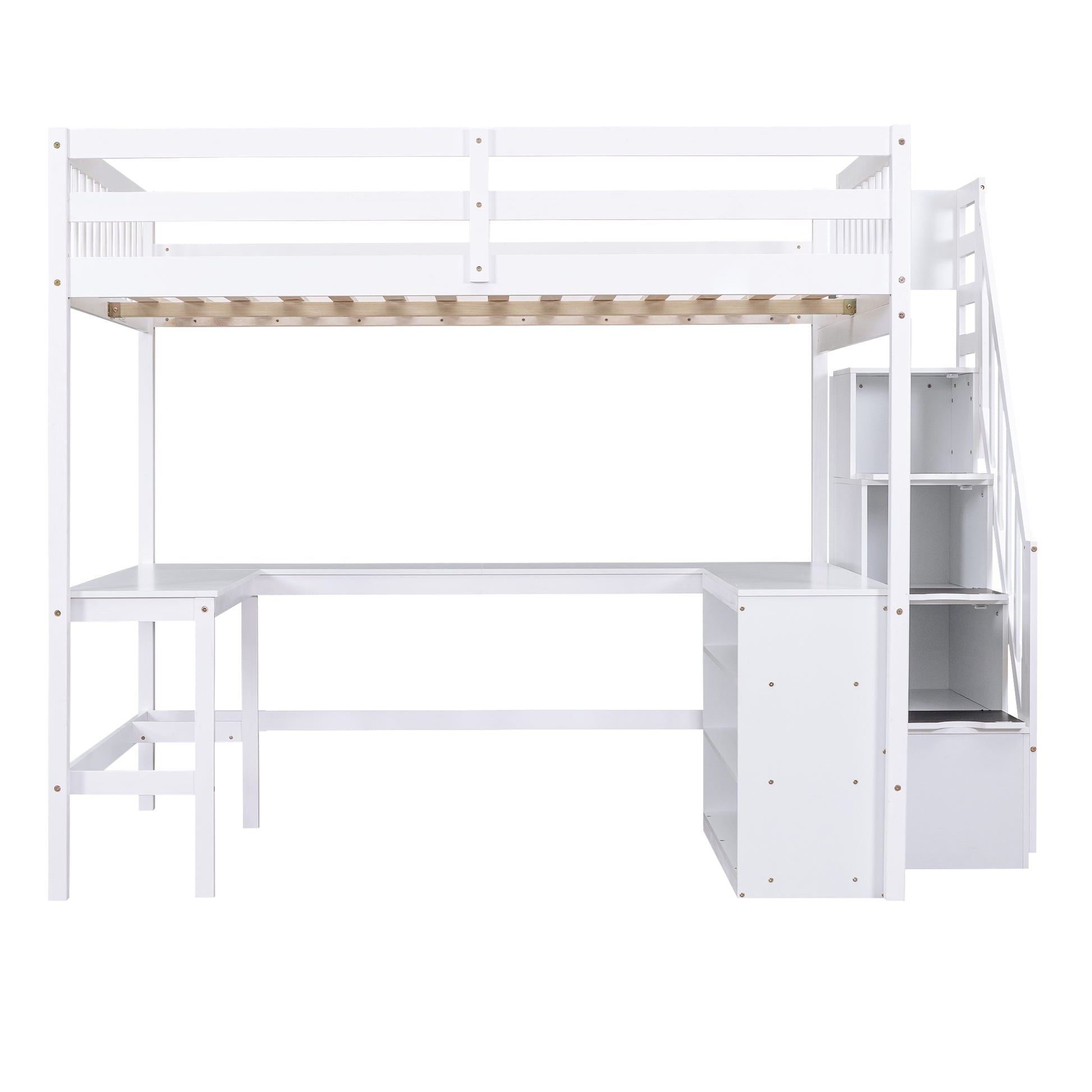White loft bed with desk and stairs