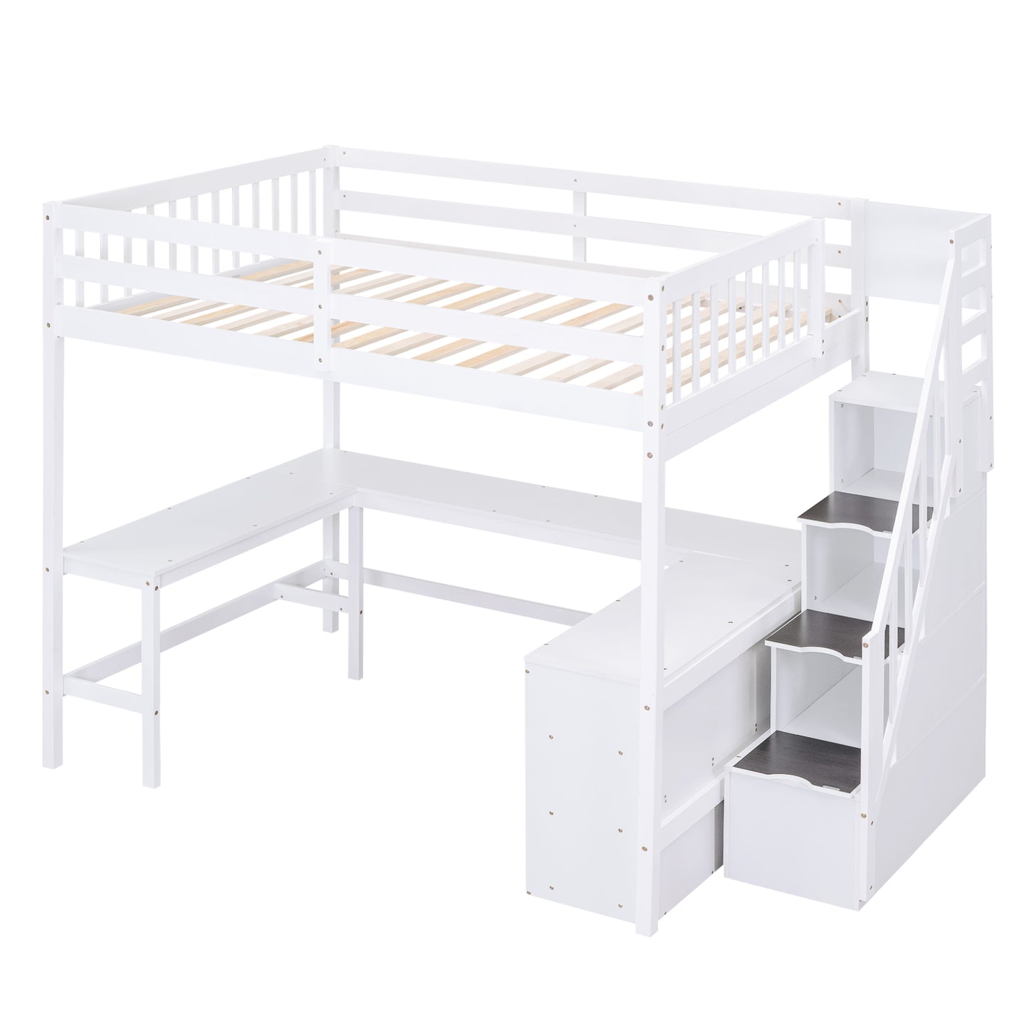 White wooden loft bed with desk and storage stairs