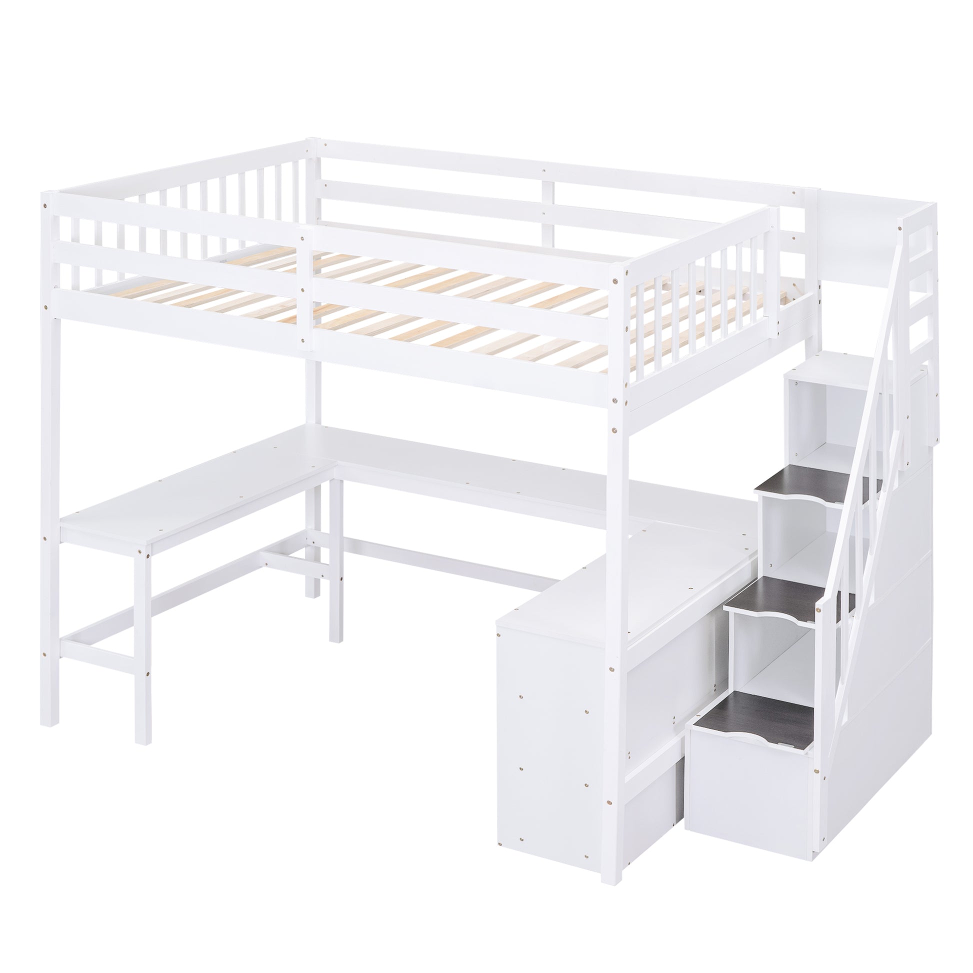 White wooden loft bed with desk and storage stairs