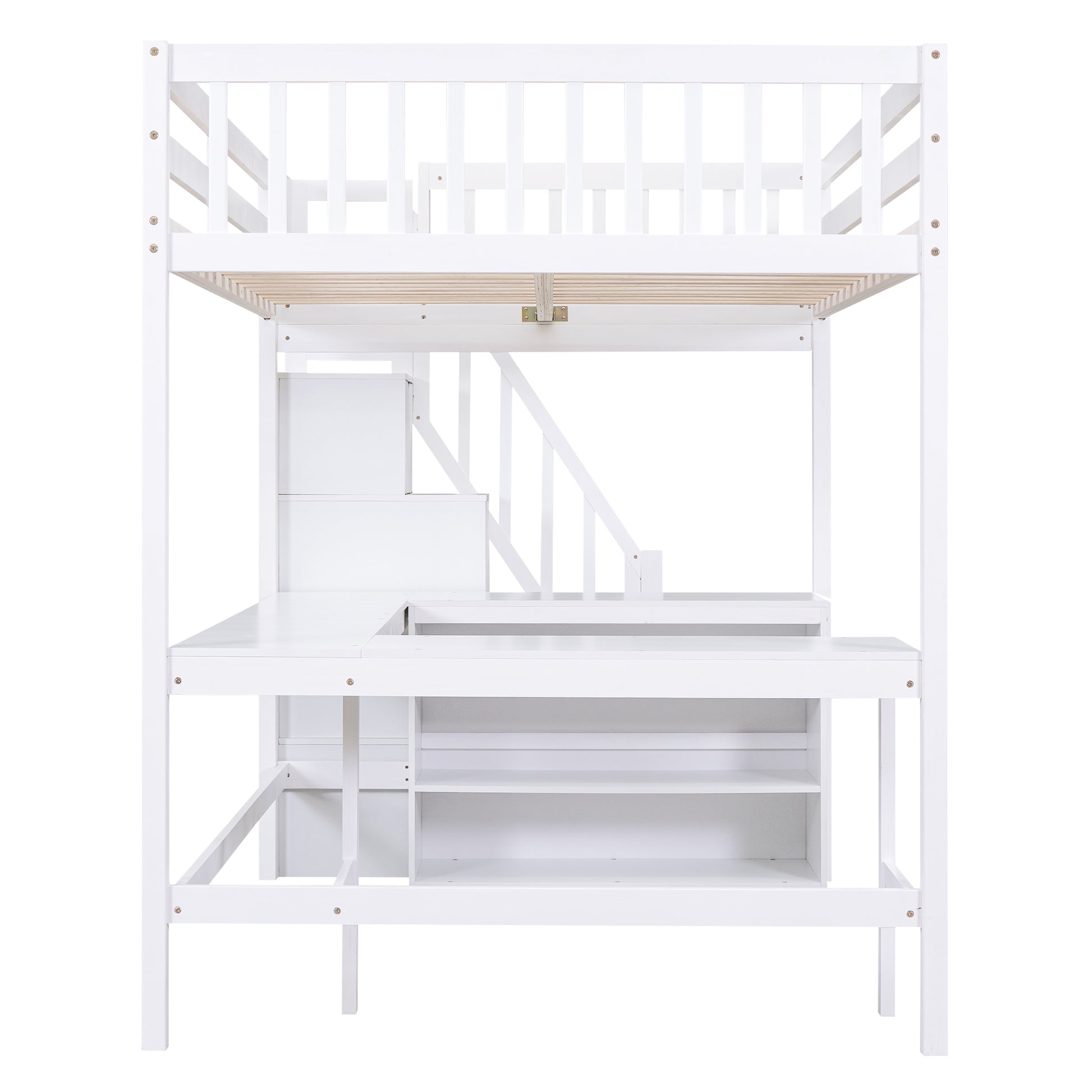 White loft bed with integrated desk and shelves
