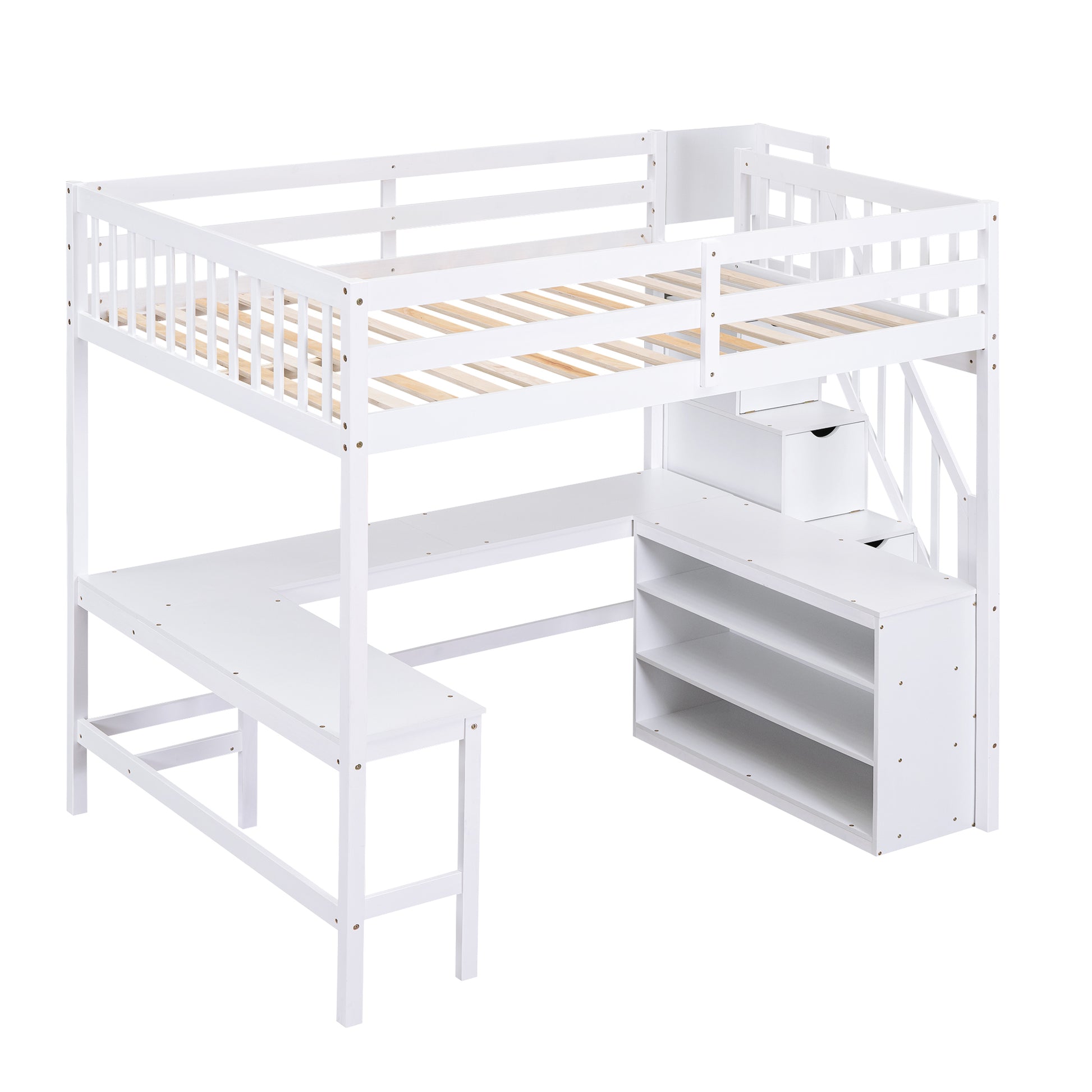 White wooden loft bed with desk and stairs