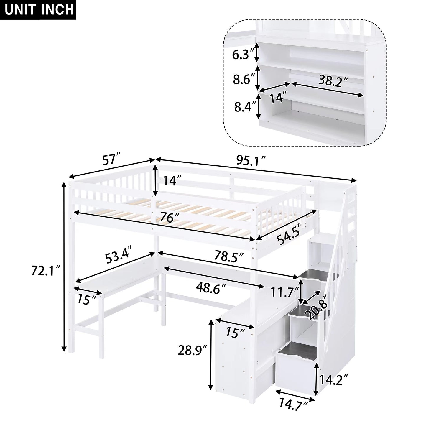 White loft bed with desk and stairs  H x  W
