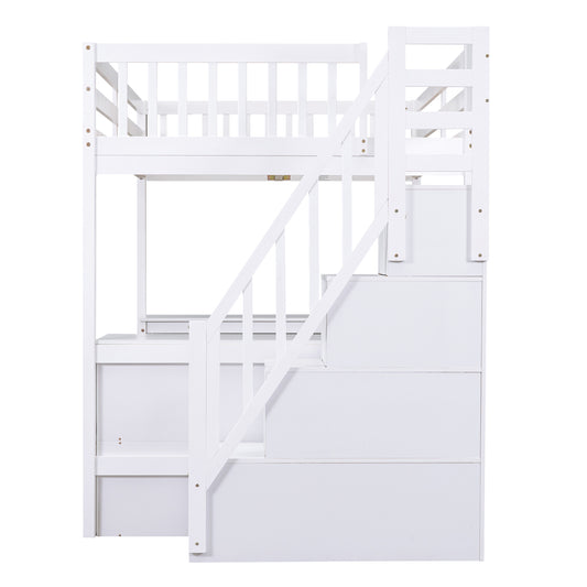 White wooden loft bed with stairs and storage drawers
