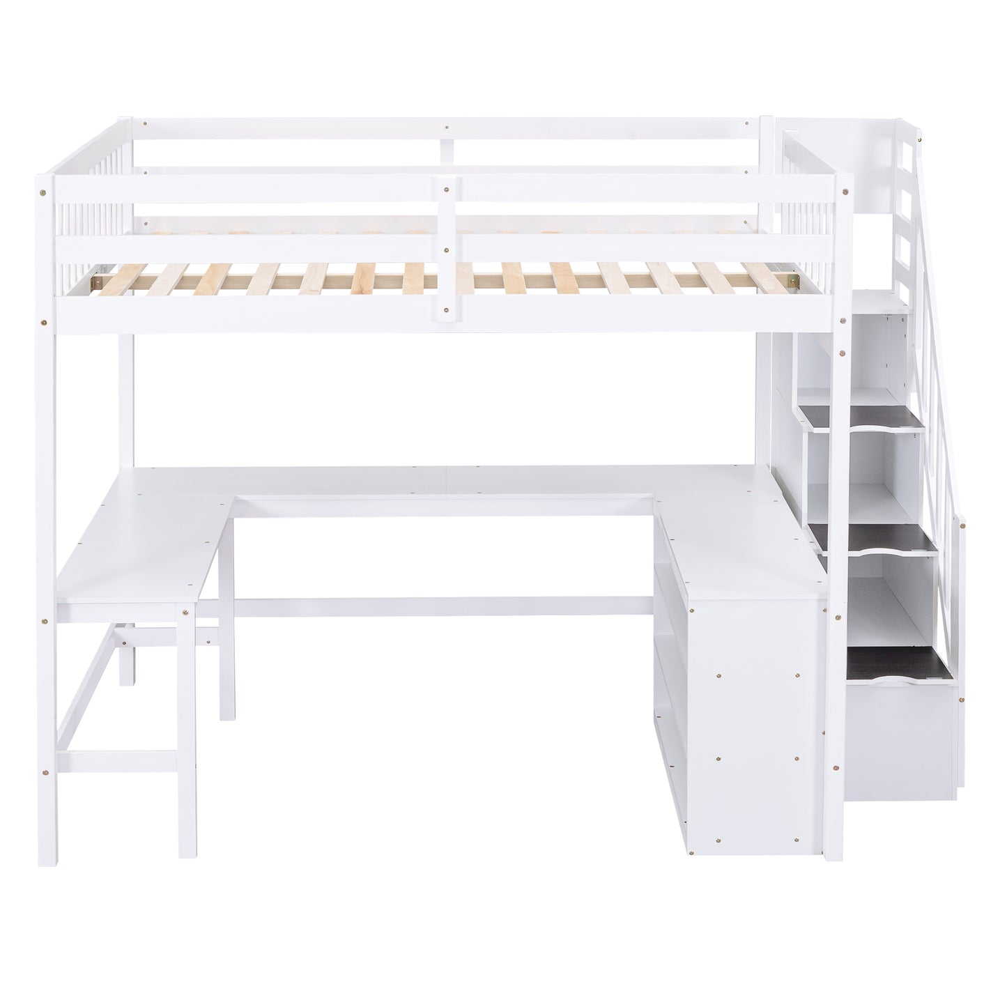 White wooden loft bed with integrated desk and storage stairs