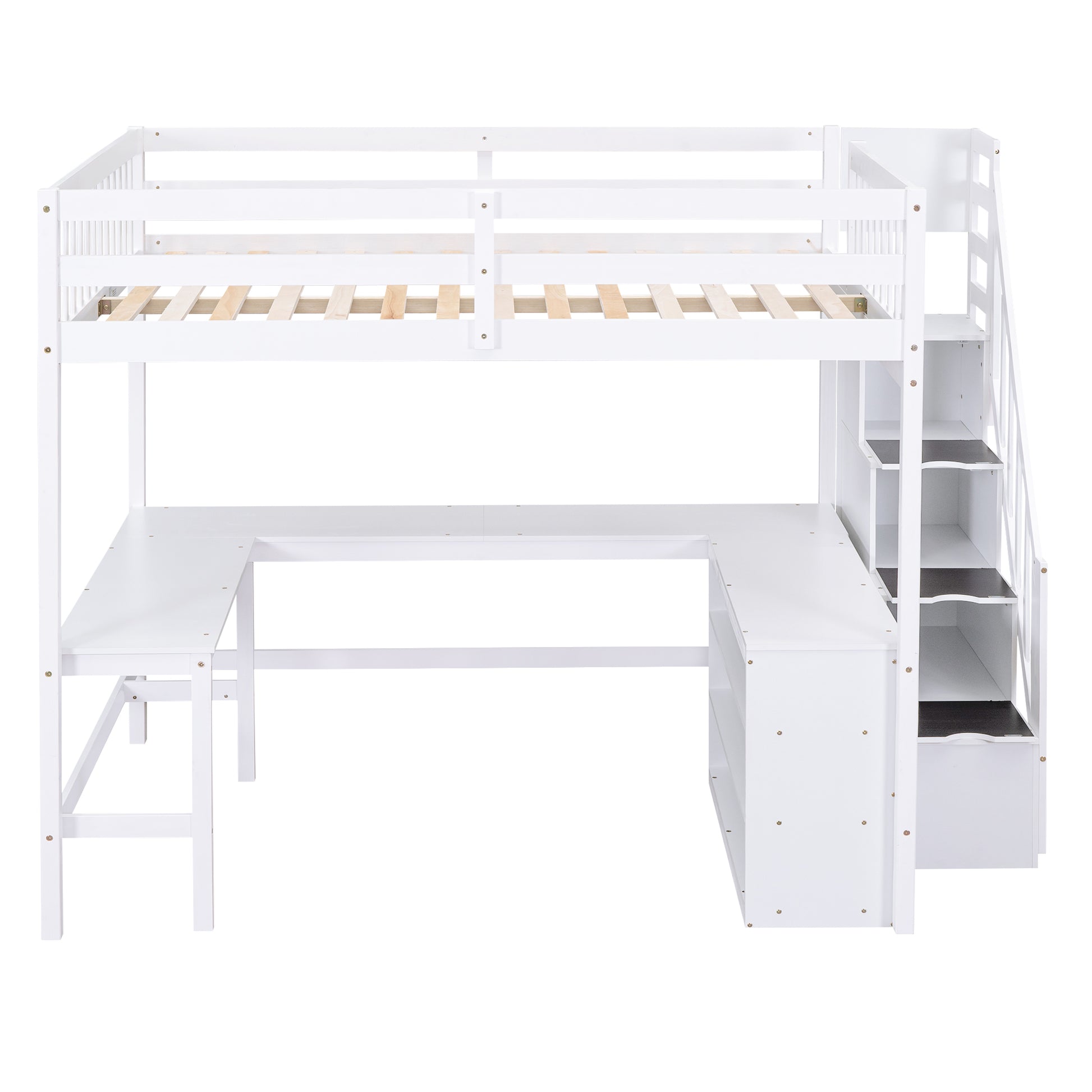 White wooden loft bed with integrated desk and storage stairs