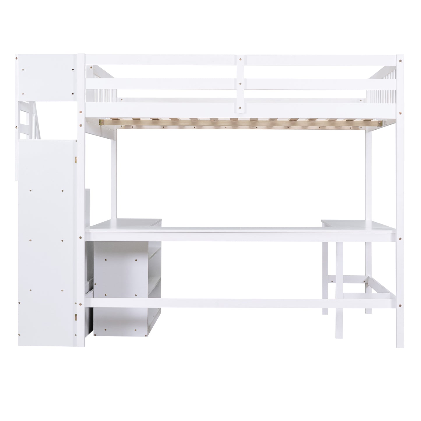 White wooden loft bed with integrated desk and stairs