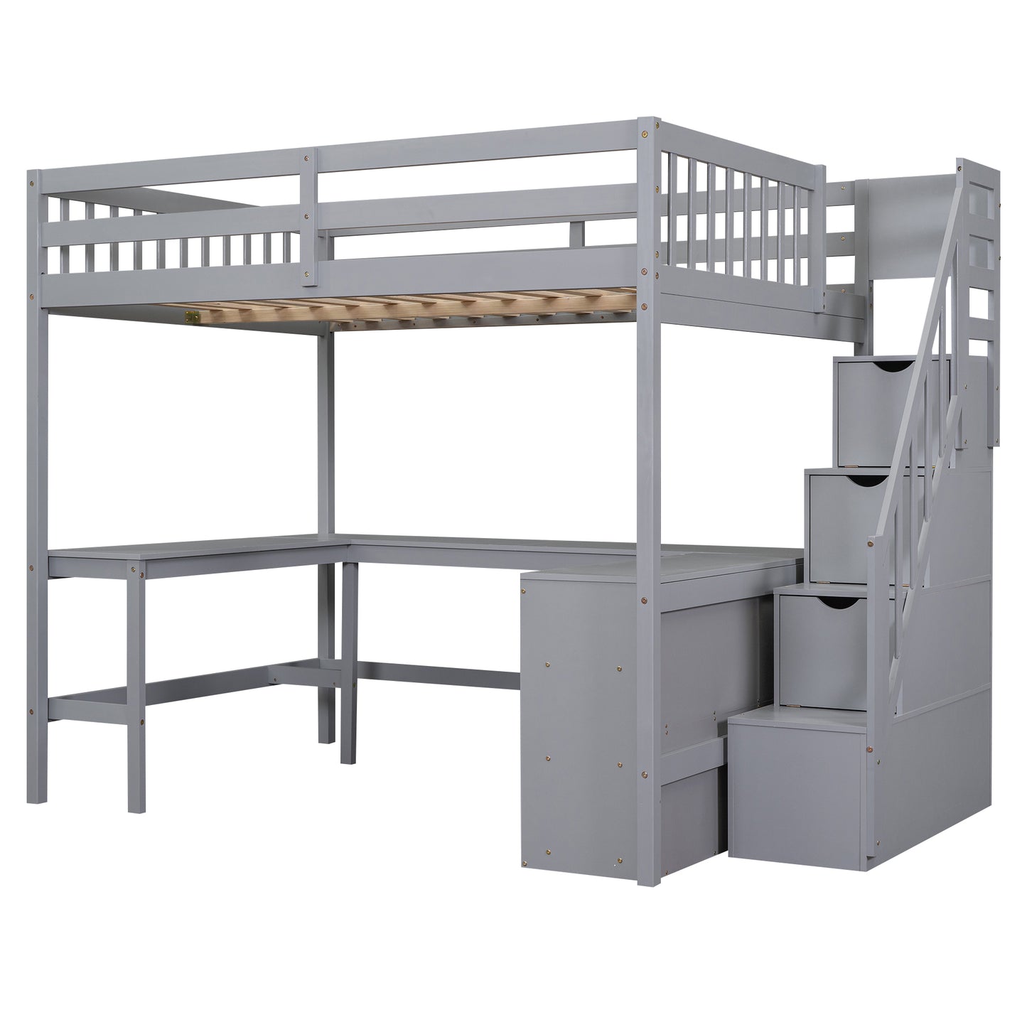 Gray wooden loft bed with desk and stairs