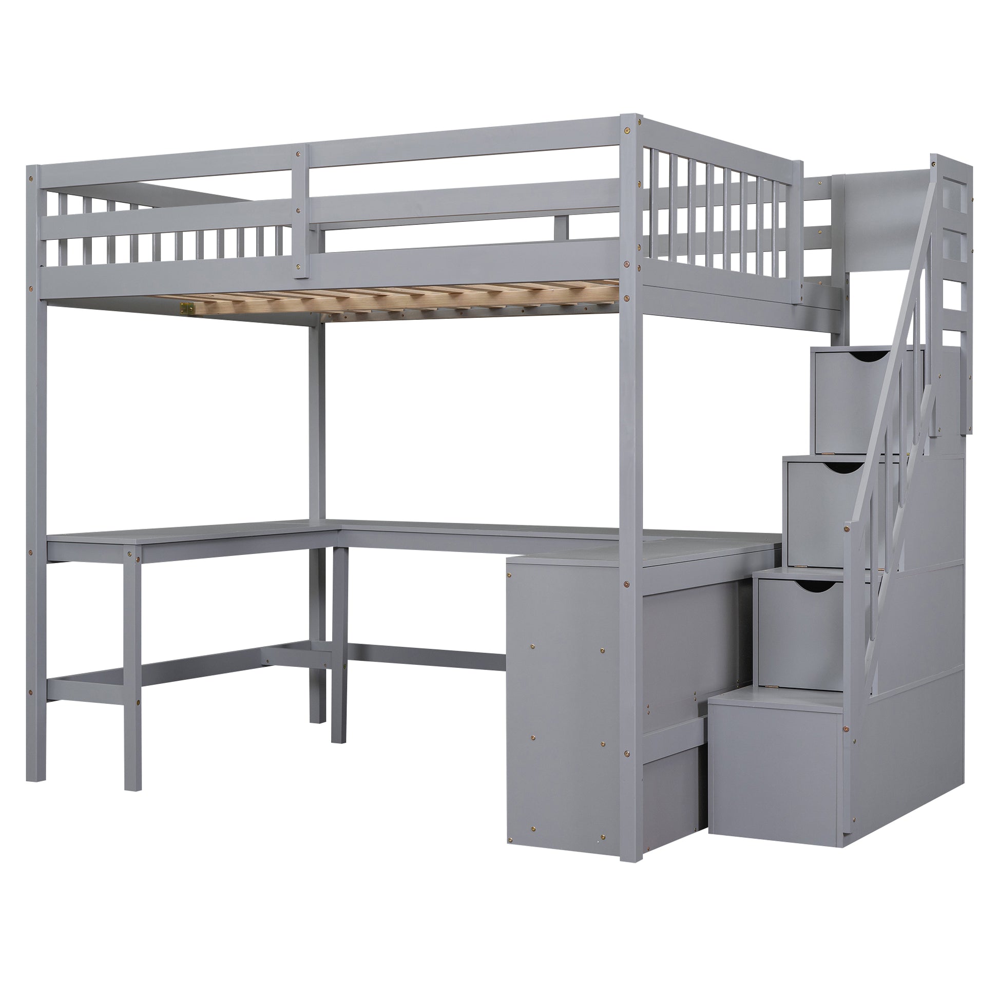 Gray wooden loft bed with desk and stairs