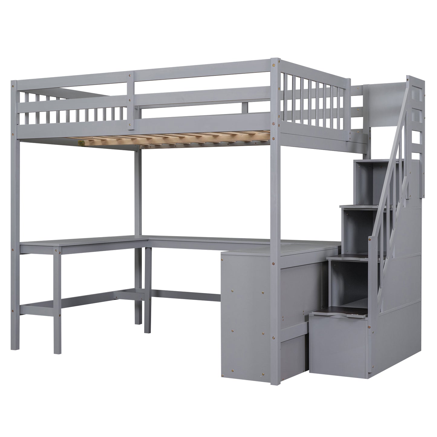 Grey wooden loft bed with integrated desk and stairs