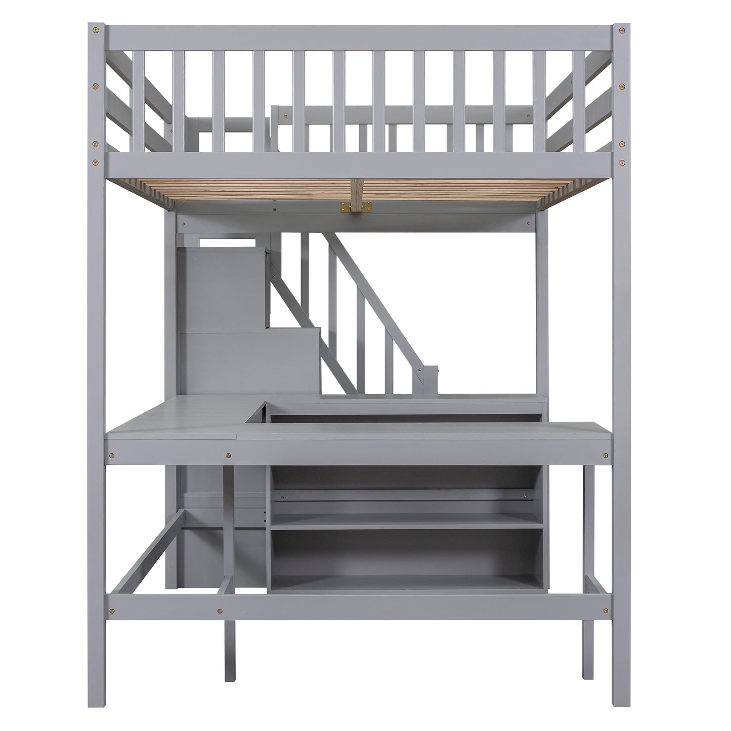 Gray wooden loft bed with desk and shelves