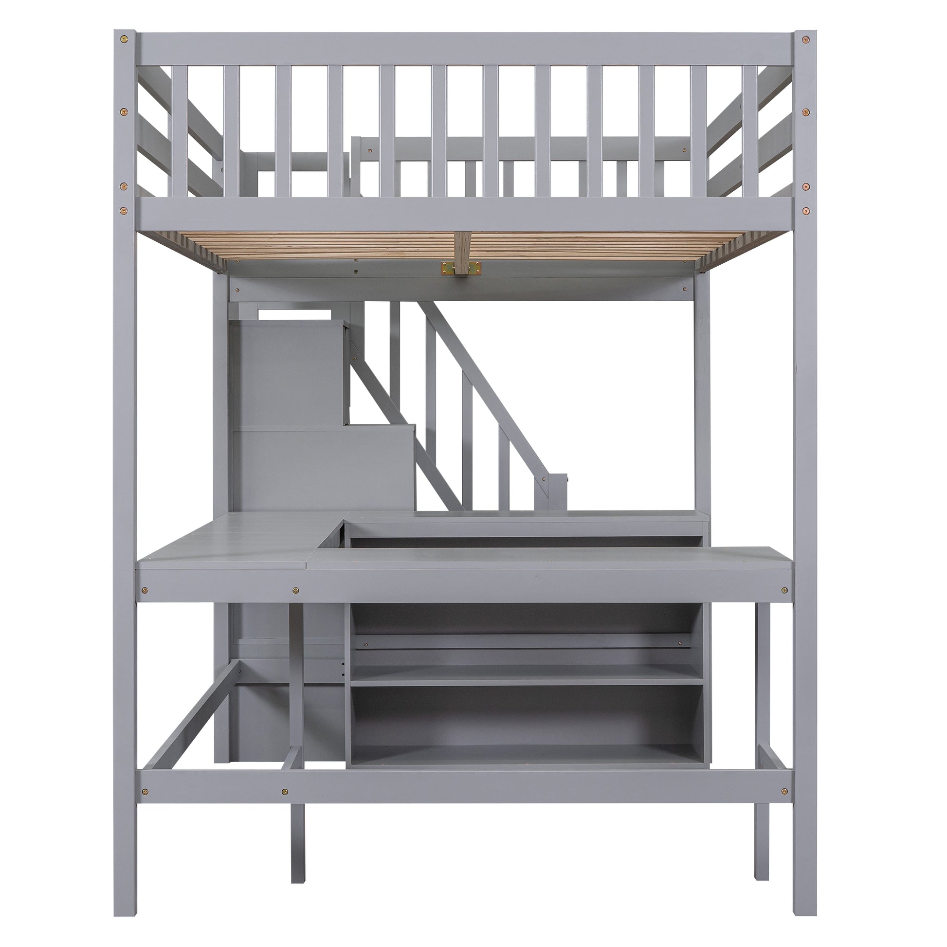 Gray wooden loft bed with desk and shelves
