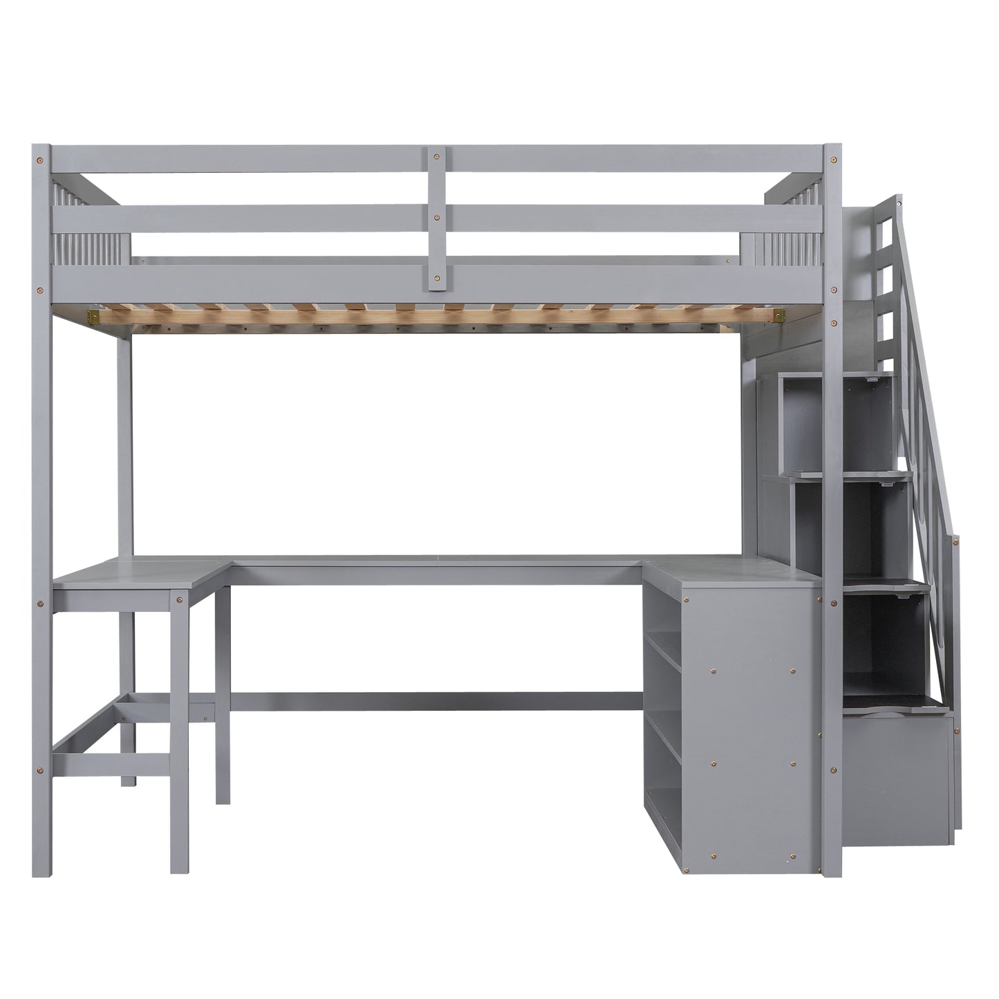Gray loft bed with integrated desk and stair storage