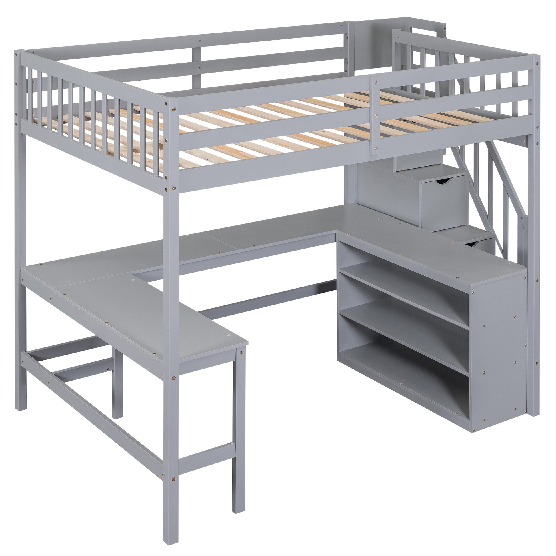 Gray wooden loft bed with integrated desk and shelves