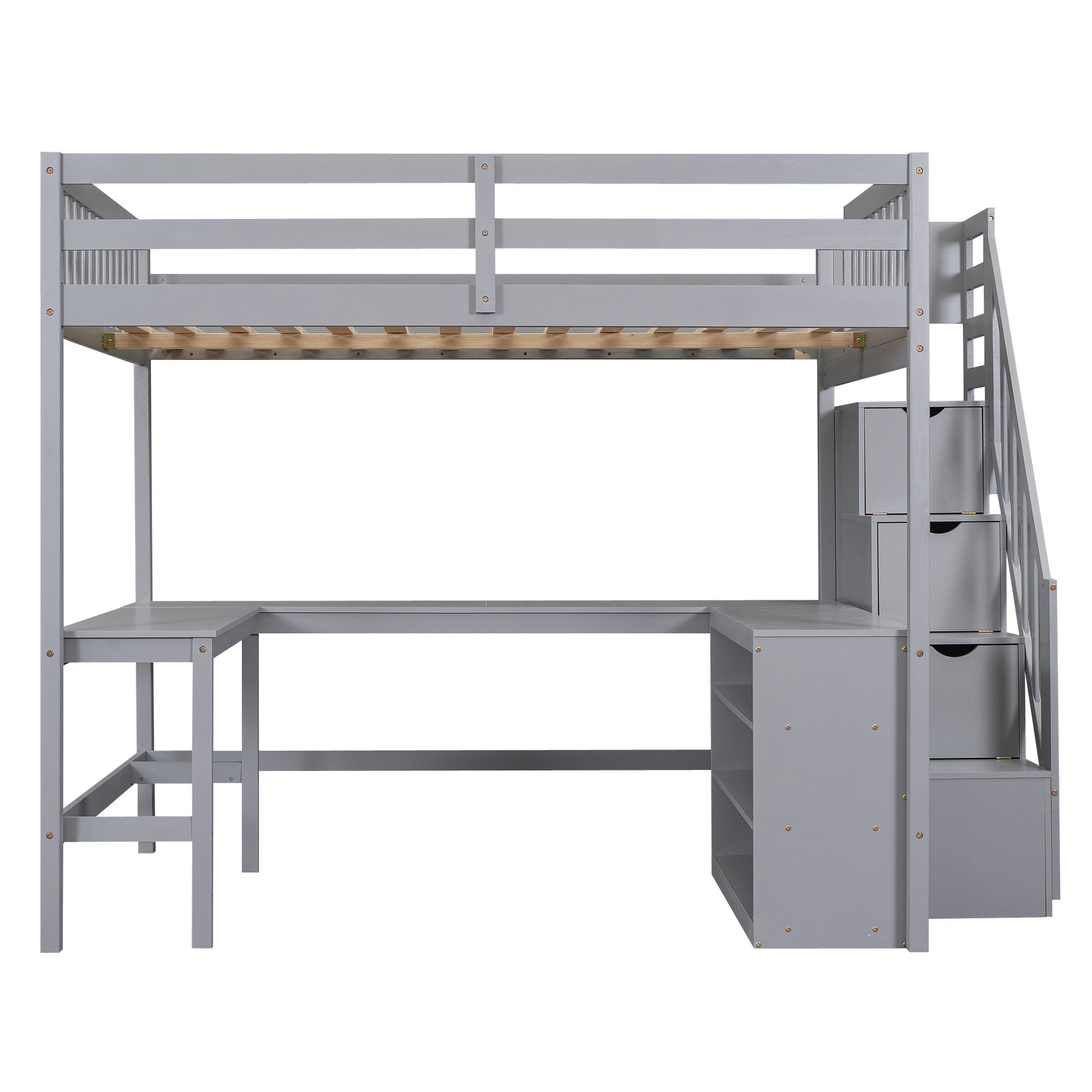Gray wood loft bed with integrated desk and storage stairs
