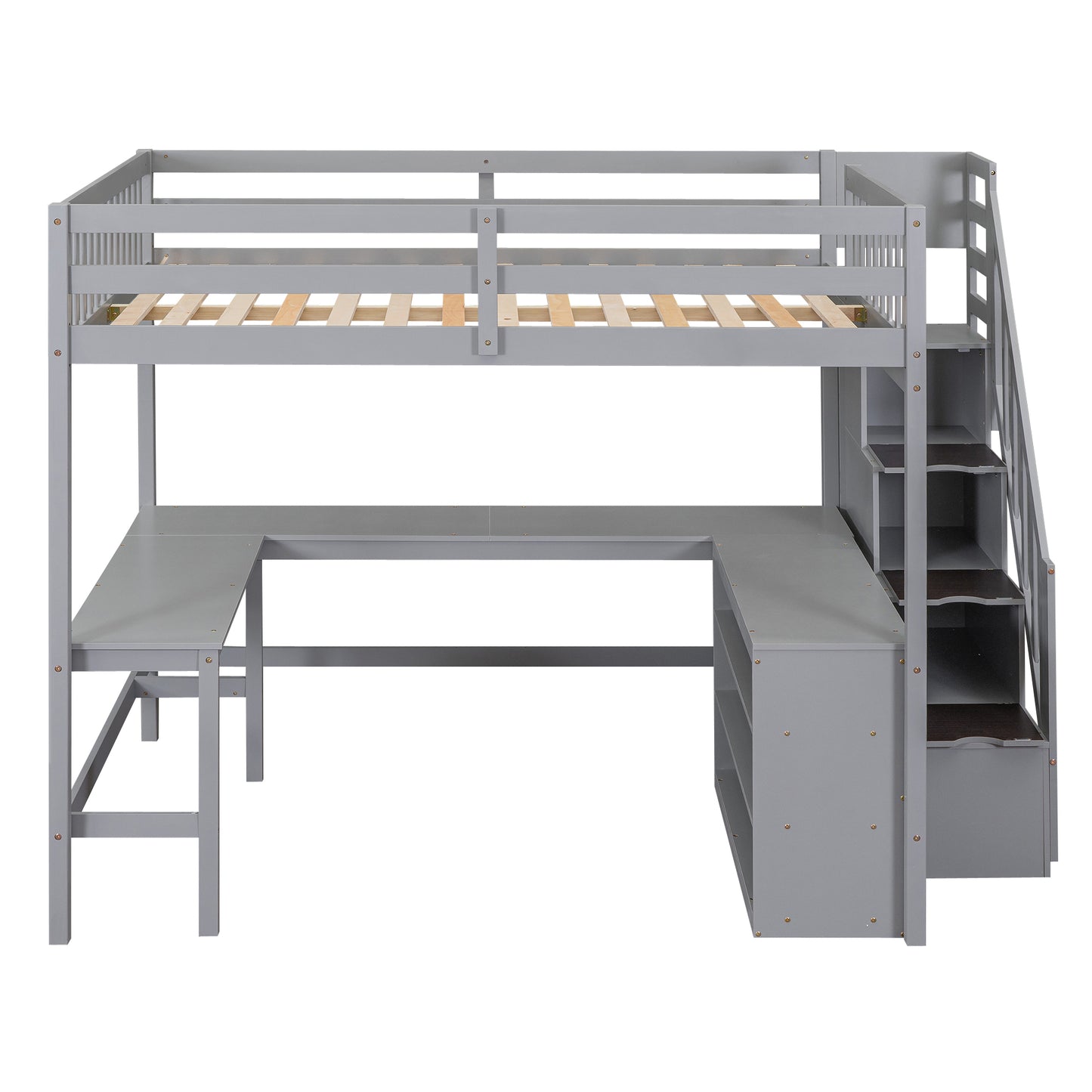 Gray wooden loft bed with integrated Ushaped desk and stairs