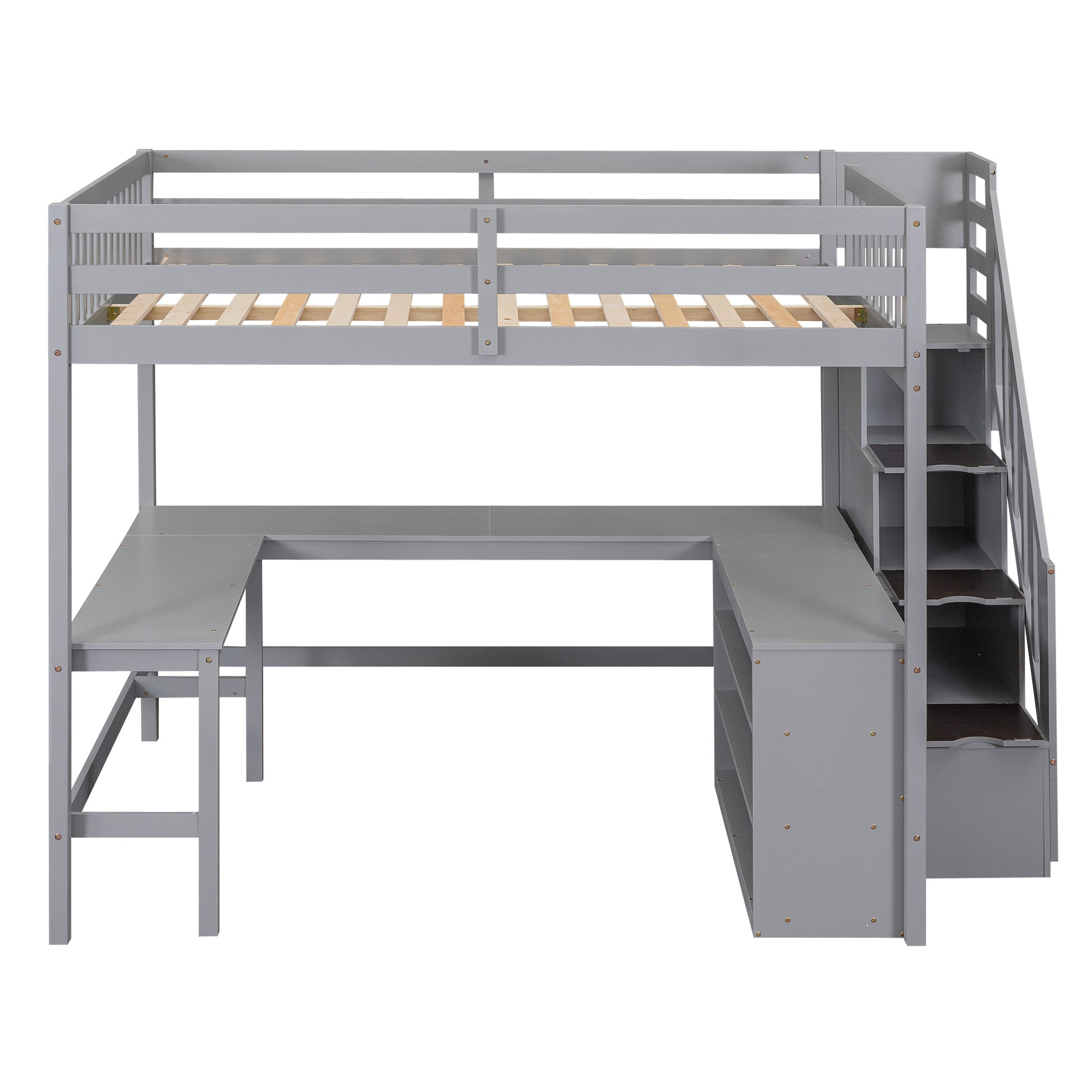 Gray wooden loft bed with integrated Ushaped desk and stairs