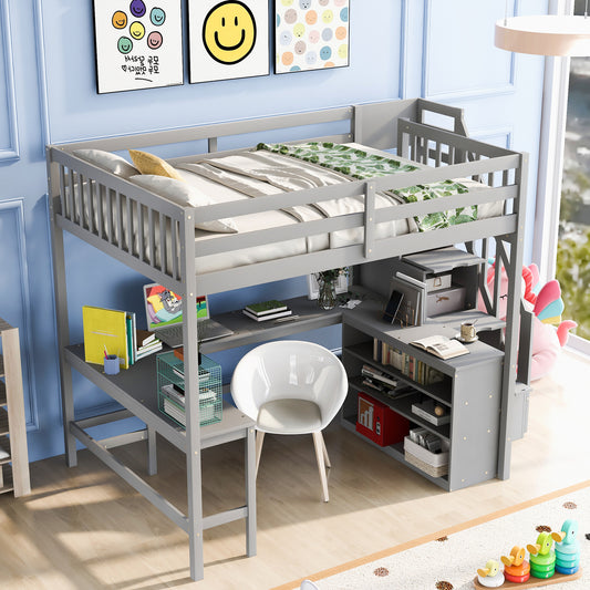 Gray loft bed with integrated desk and shelving