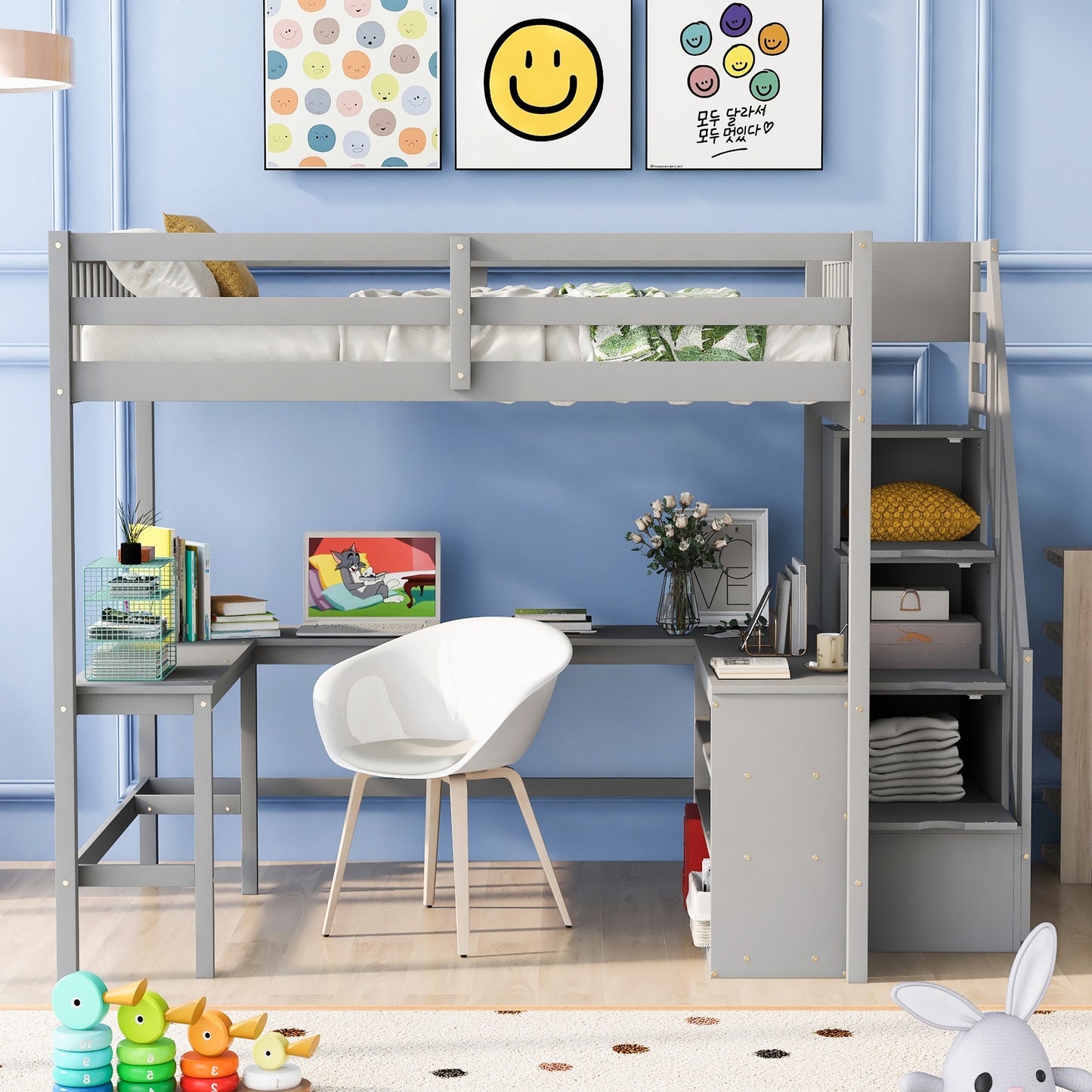 Gray loft bed with integrated desk and storage shelves for a childs room