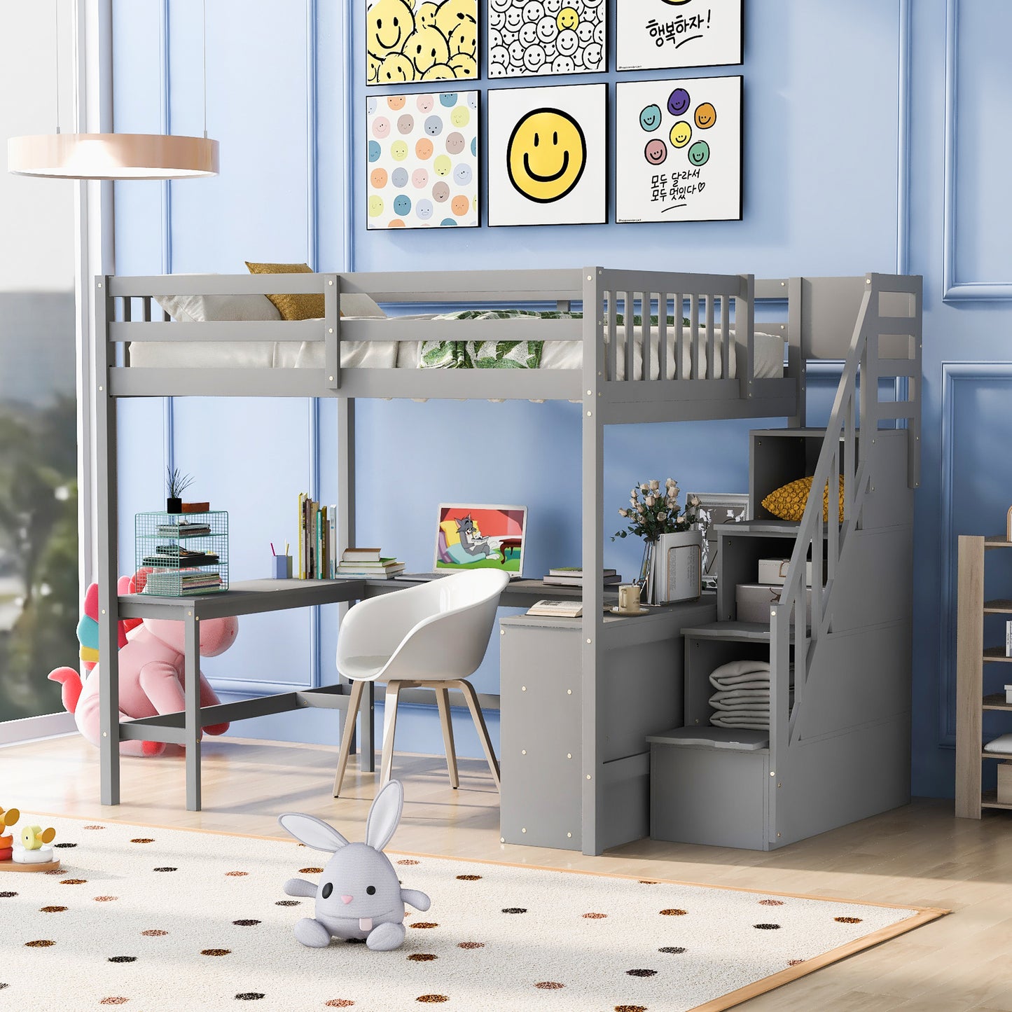 Gray loft bed with integrated desk and storage stairs