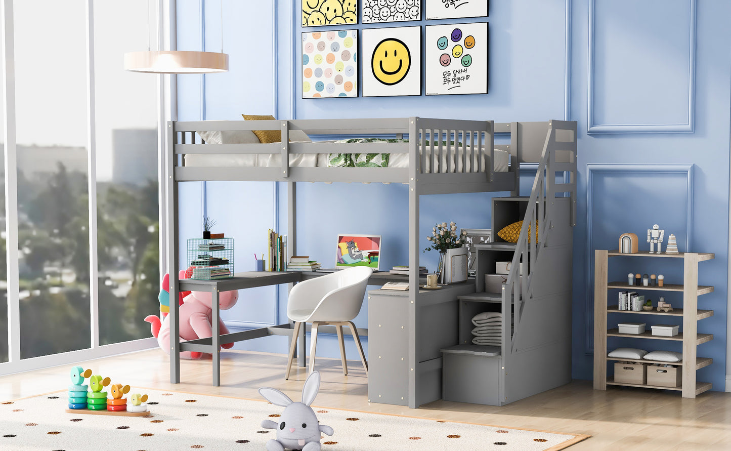 Gray wooden loft bed with desk and stairs