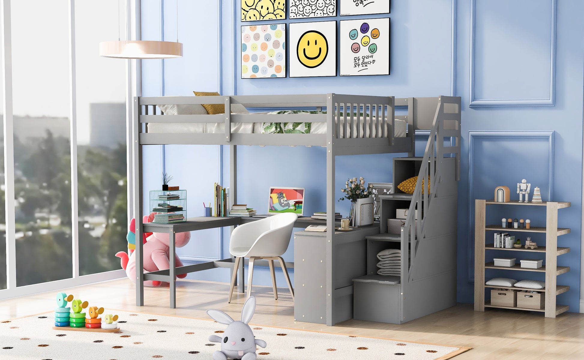 Gray wooden loft bed with desk and stairs