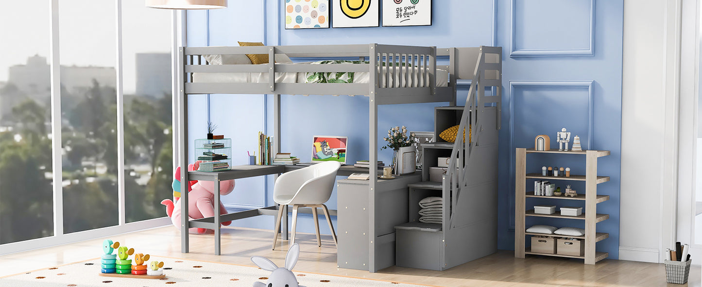 Grey wooden loft bed with integrated desk and storage stairs