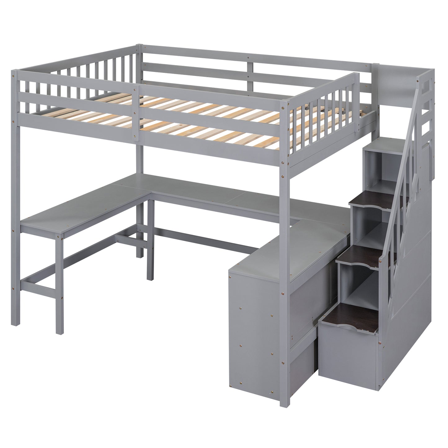 Gray loft bed with integrated desk and storage stairs