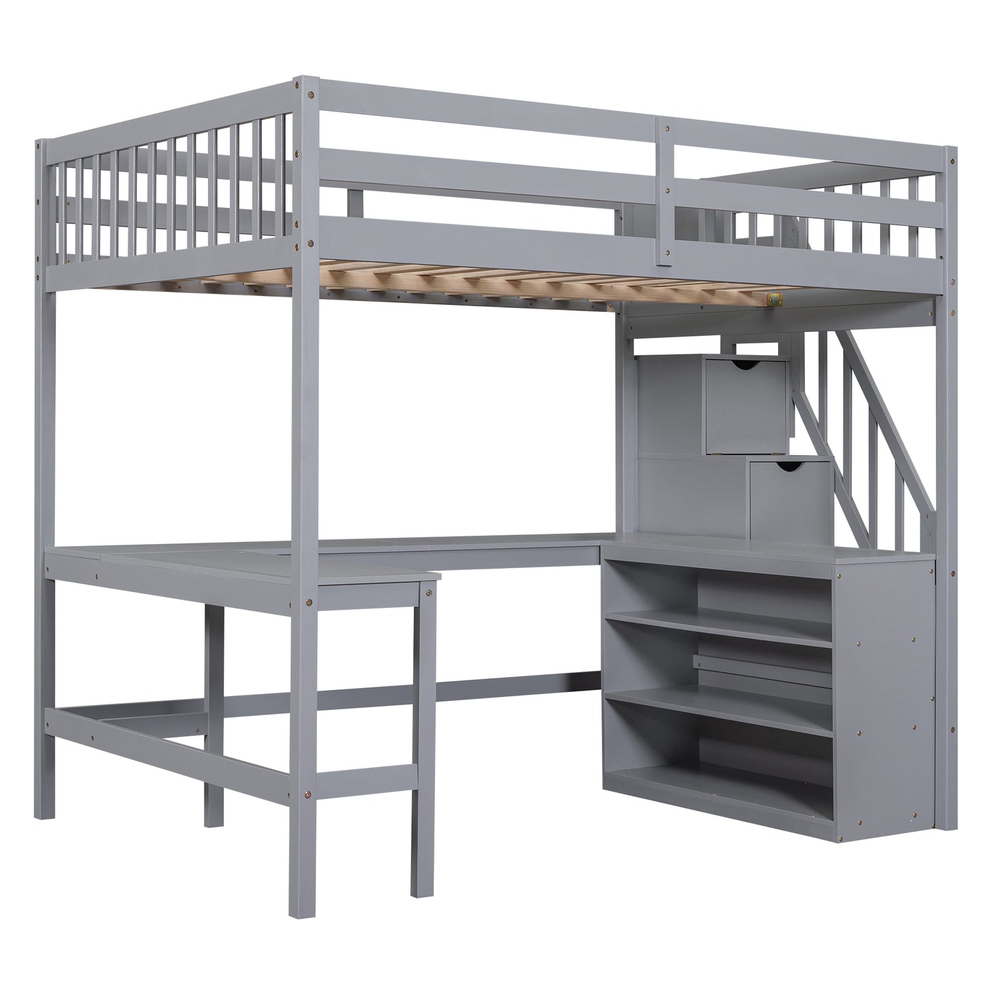 Gray wooden loft bed with desk and stairs for kids