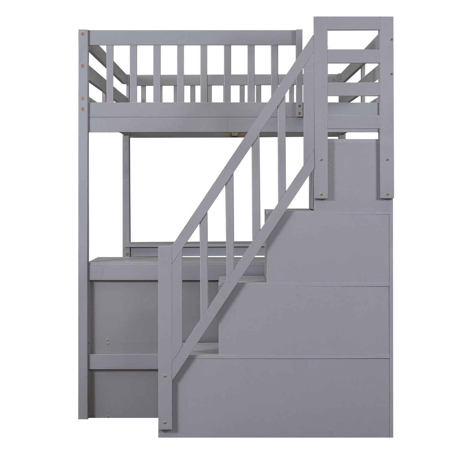 Gray wooden bunk bed with stairs and guardrails