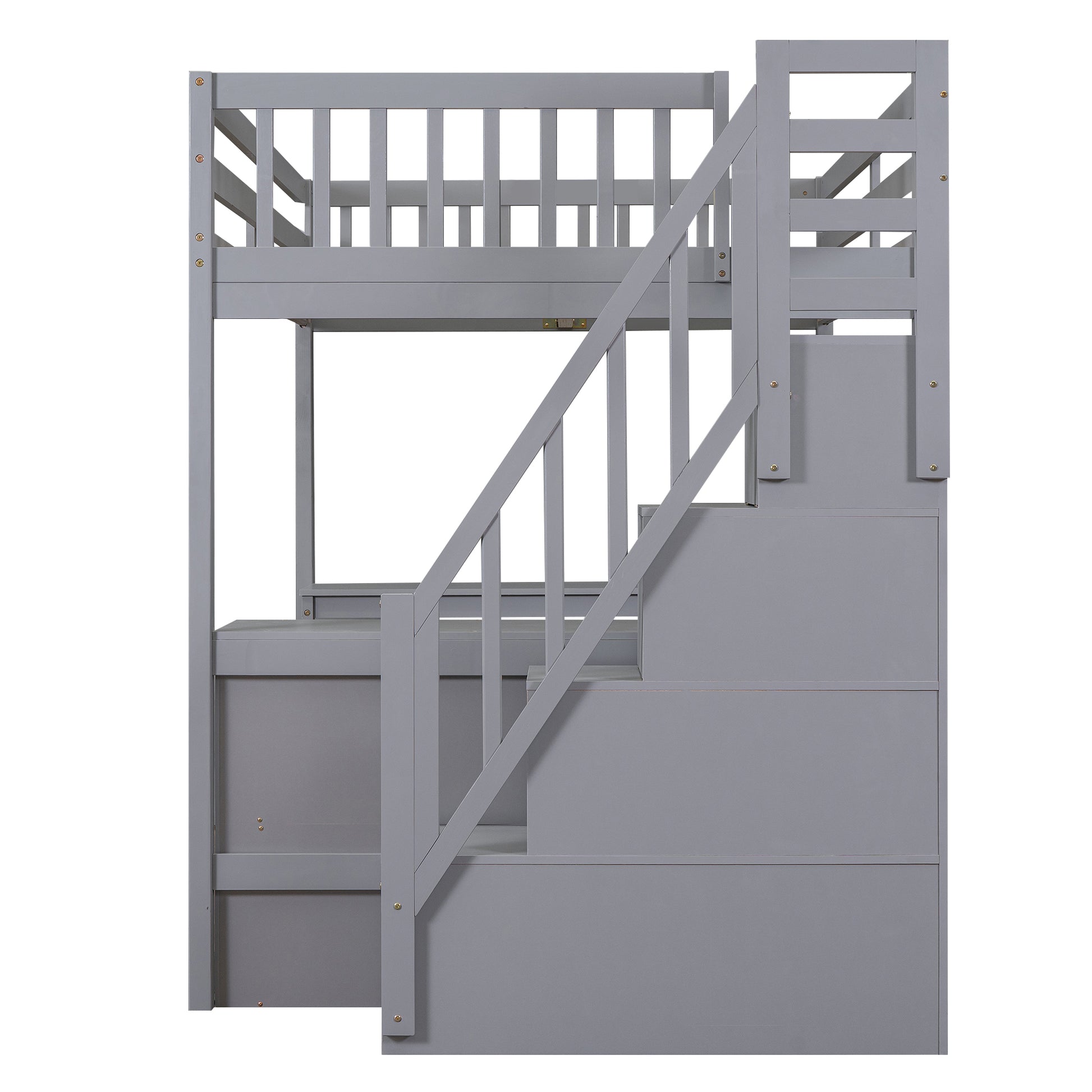 Gray wooden bunk bed with stairs and guardrails