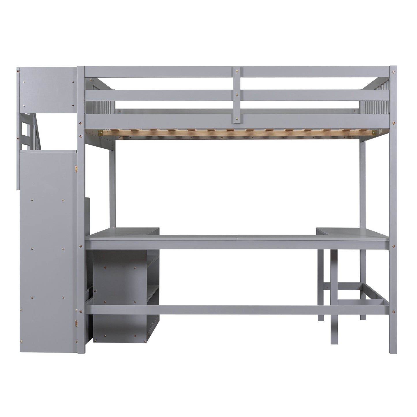 Grey wooden loft bed with integrated desk and storage stairs for kids