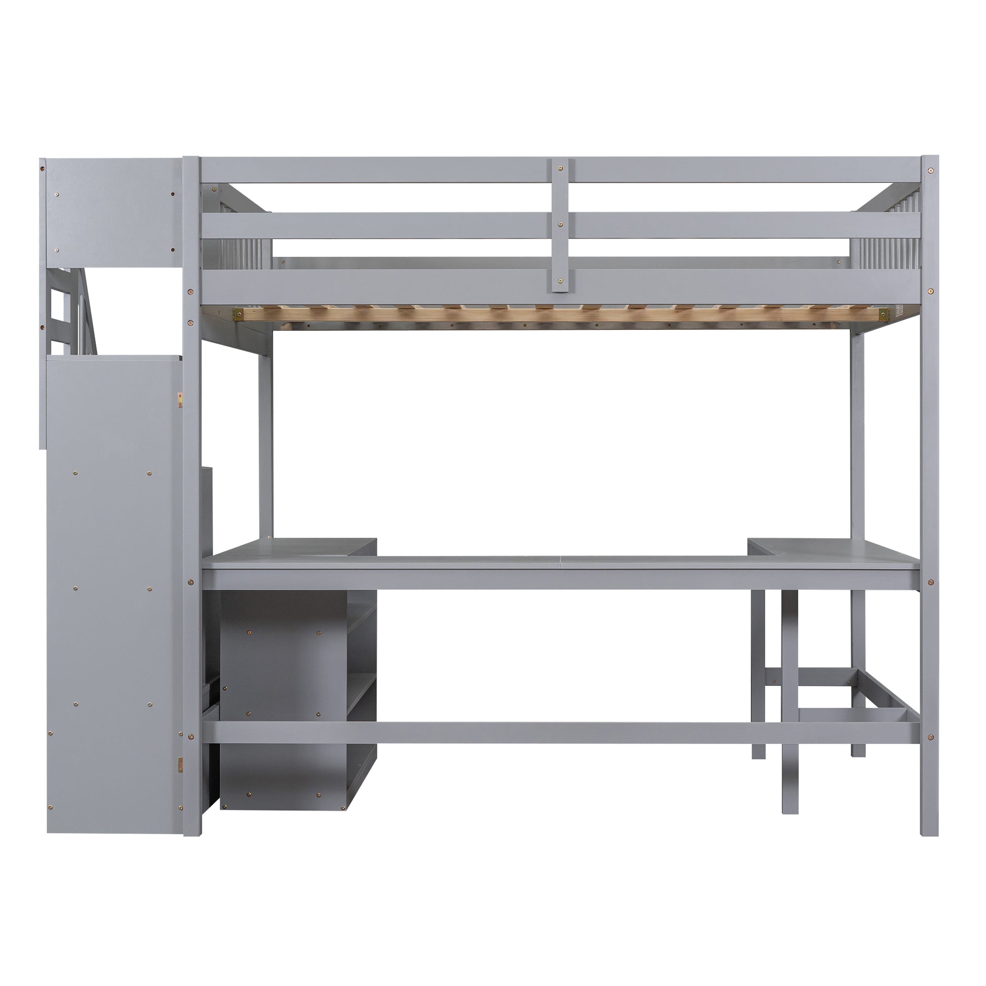 Grey wooden loft bed with integrated desk and storage stairs for kids