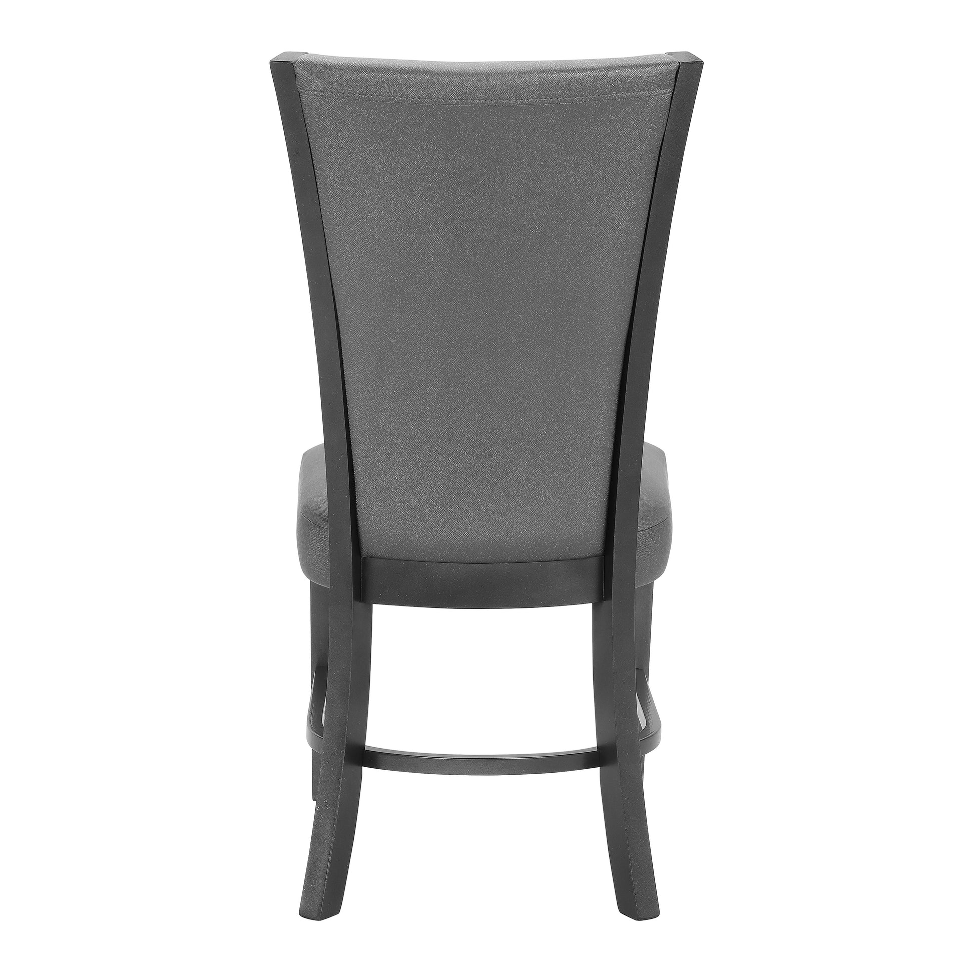 Back view of a modern grey fabric dining chair with dark wood legs