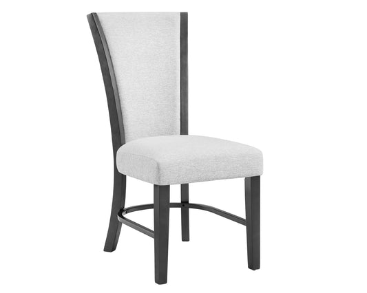 Modern upholstered dining chair with grey fabric and dark wood frame