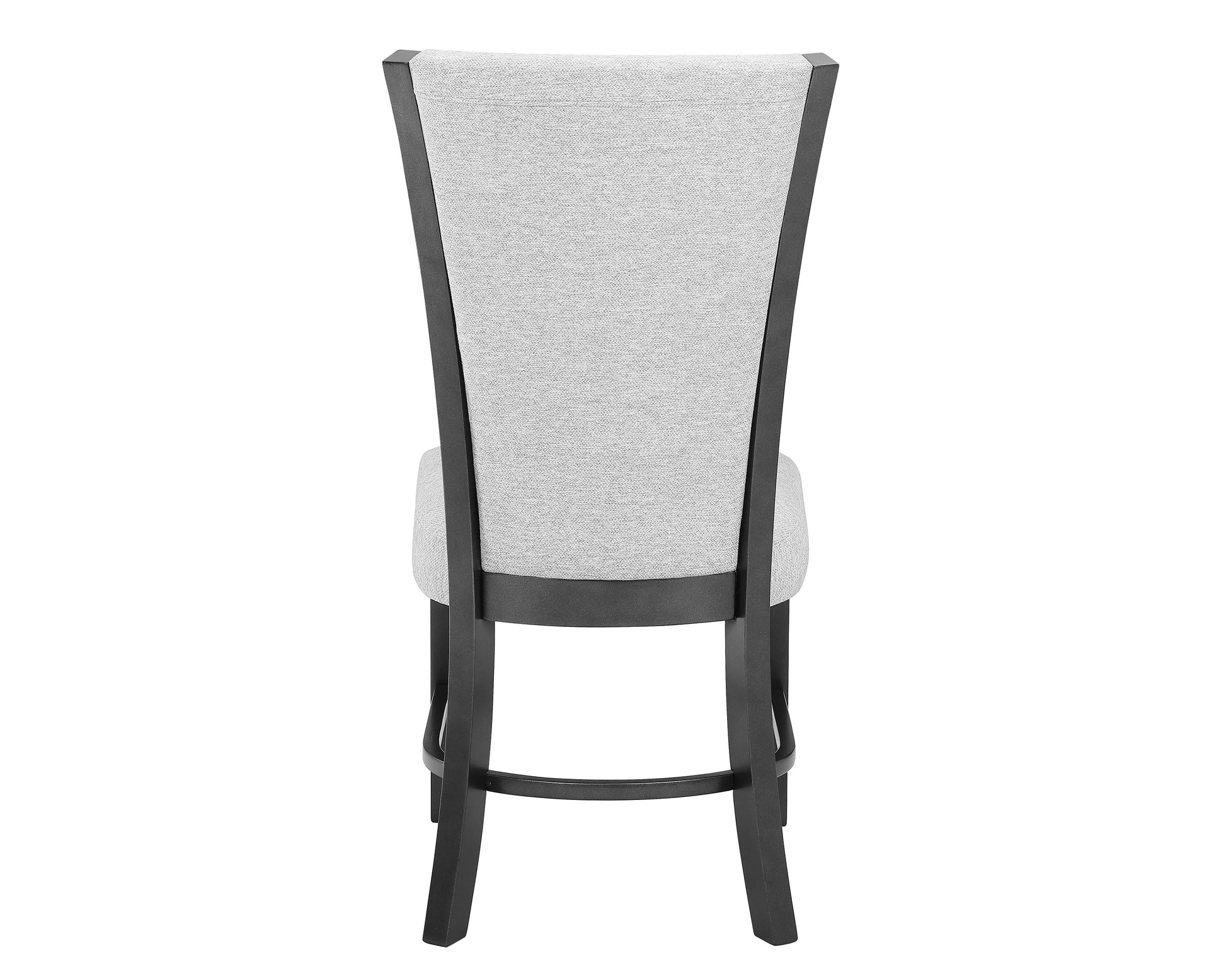 Back view of a grey fabric upholstered dining chair with dark wood frame