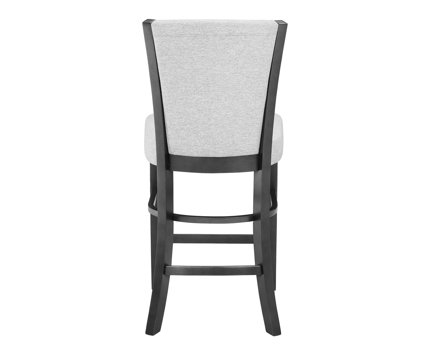 Back view of a light gray upholstered wood bar stool with dark espresso frame