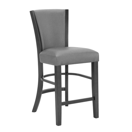 Grey upholstered bar stool with dark wood frame