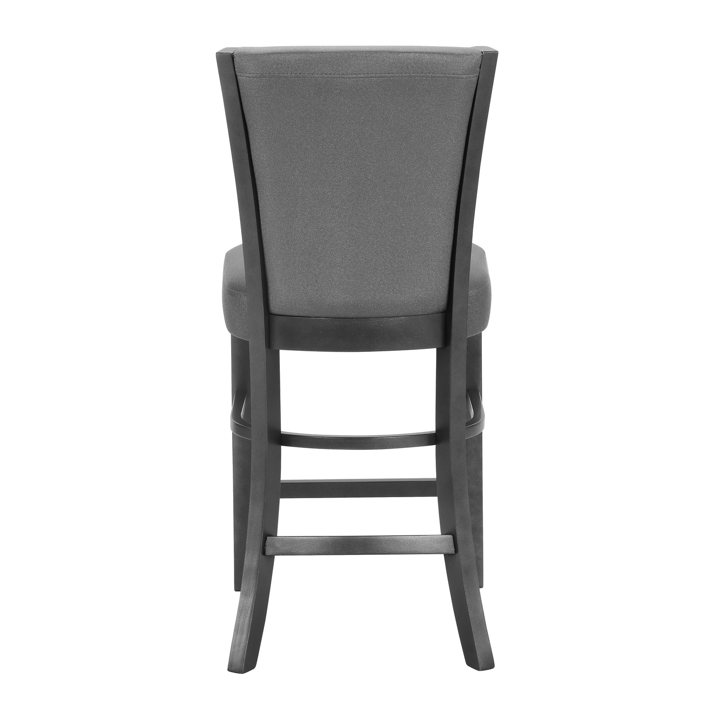 Back view of a grey fabric upholstered bar stool with dark wood frame perfect for a modern kitchen island