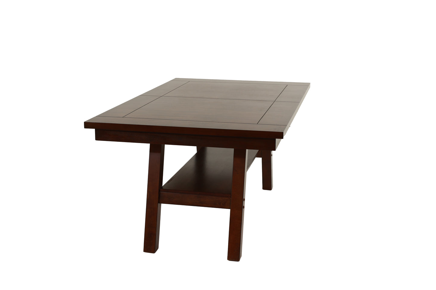 Dark brown wooden coffee table with a lower shelf and clean lines