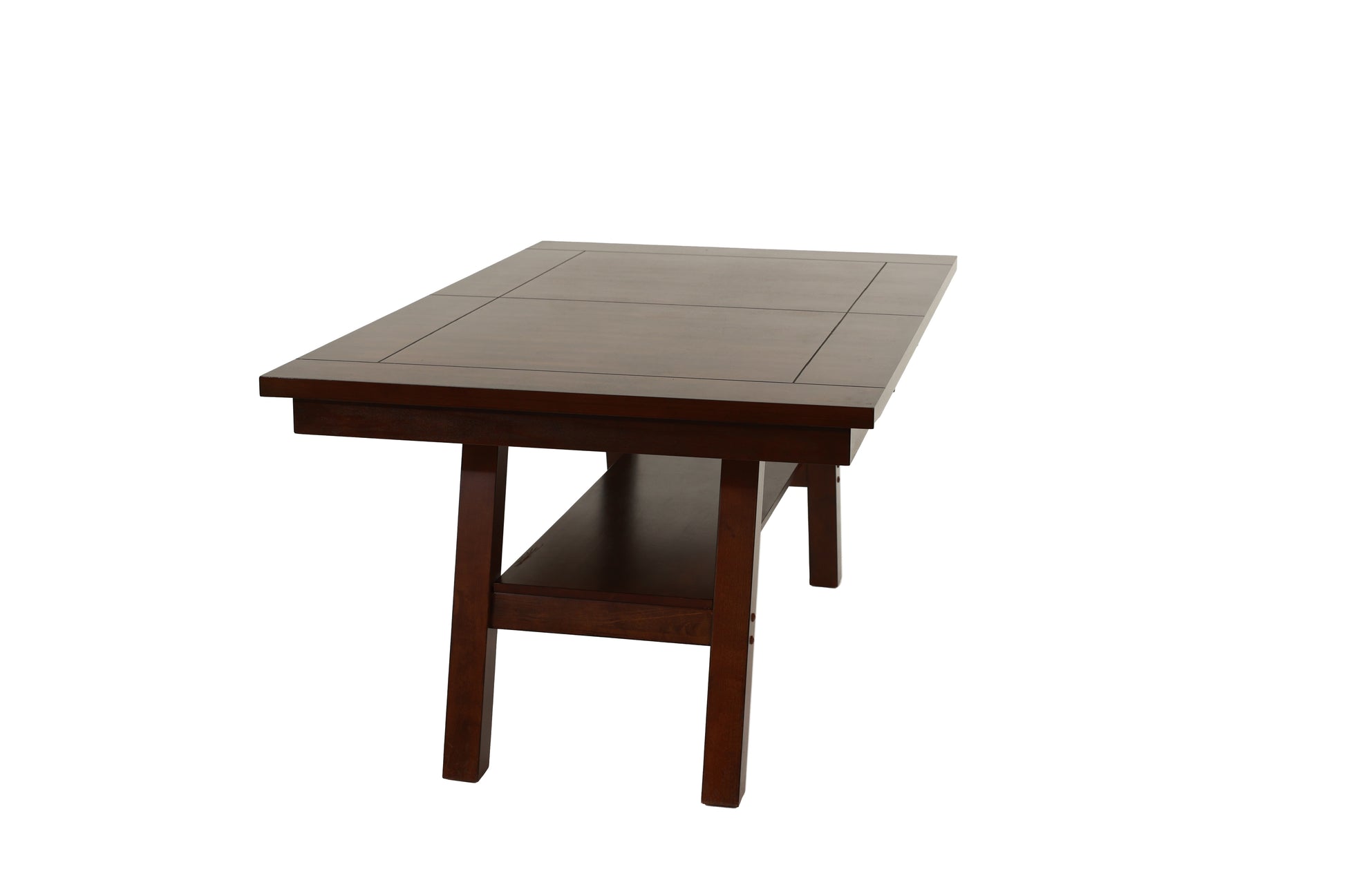 Dark brown wooden coffee table with a lower shelf and clean lines