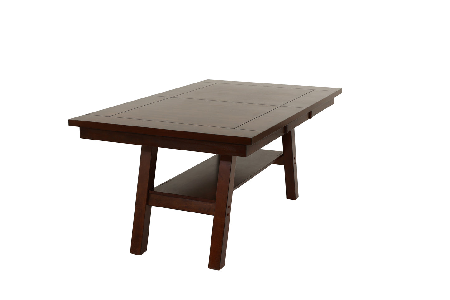 Dark brown wooden dining table with a slatted shelf