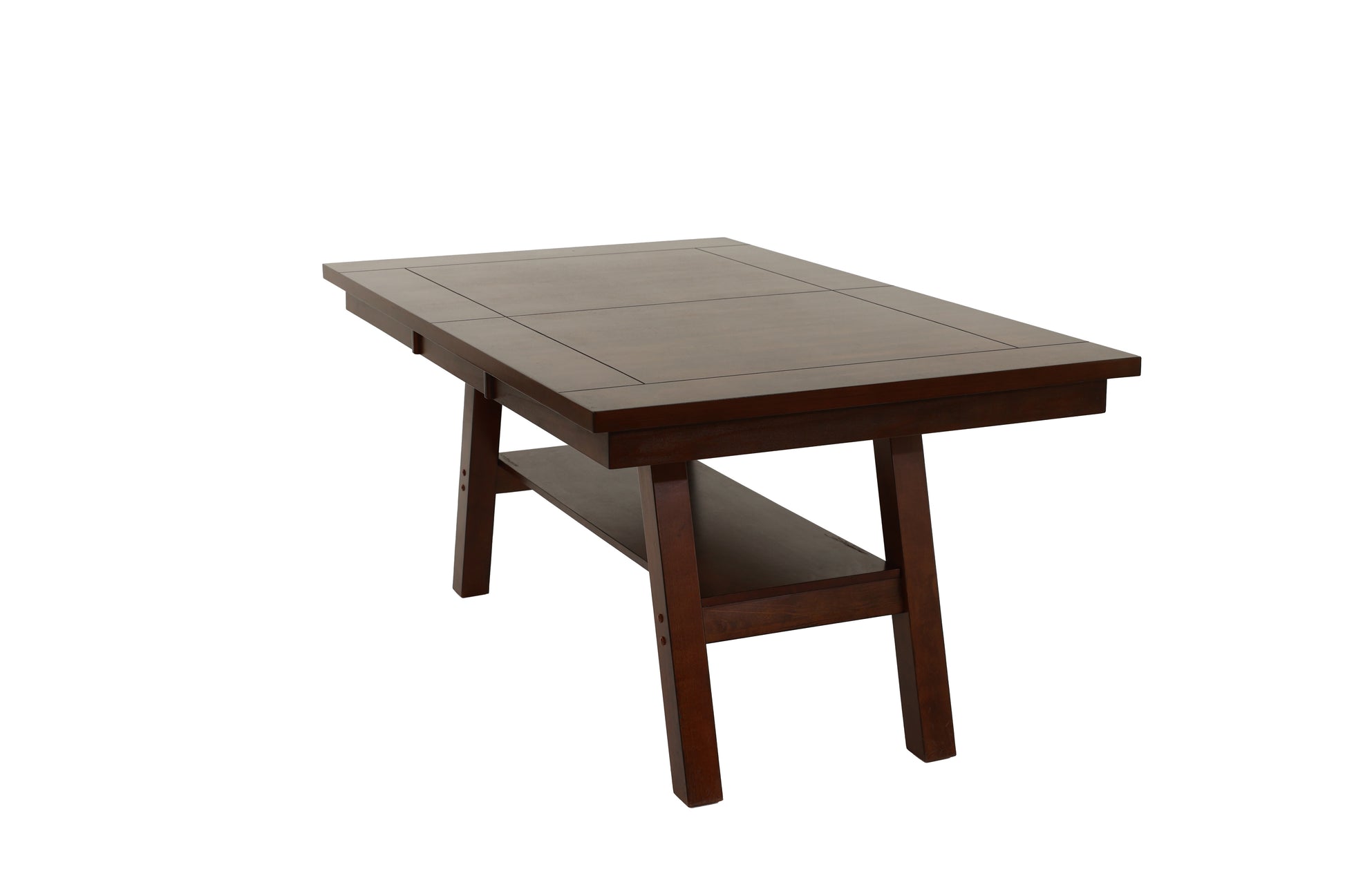 Dark wood rectangular dining table with slatted shelf