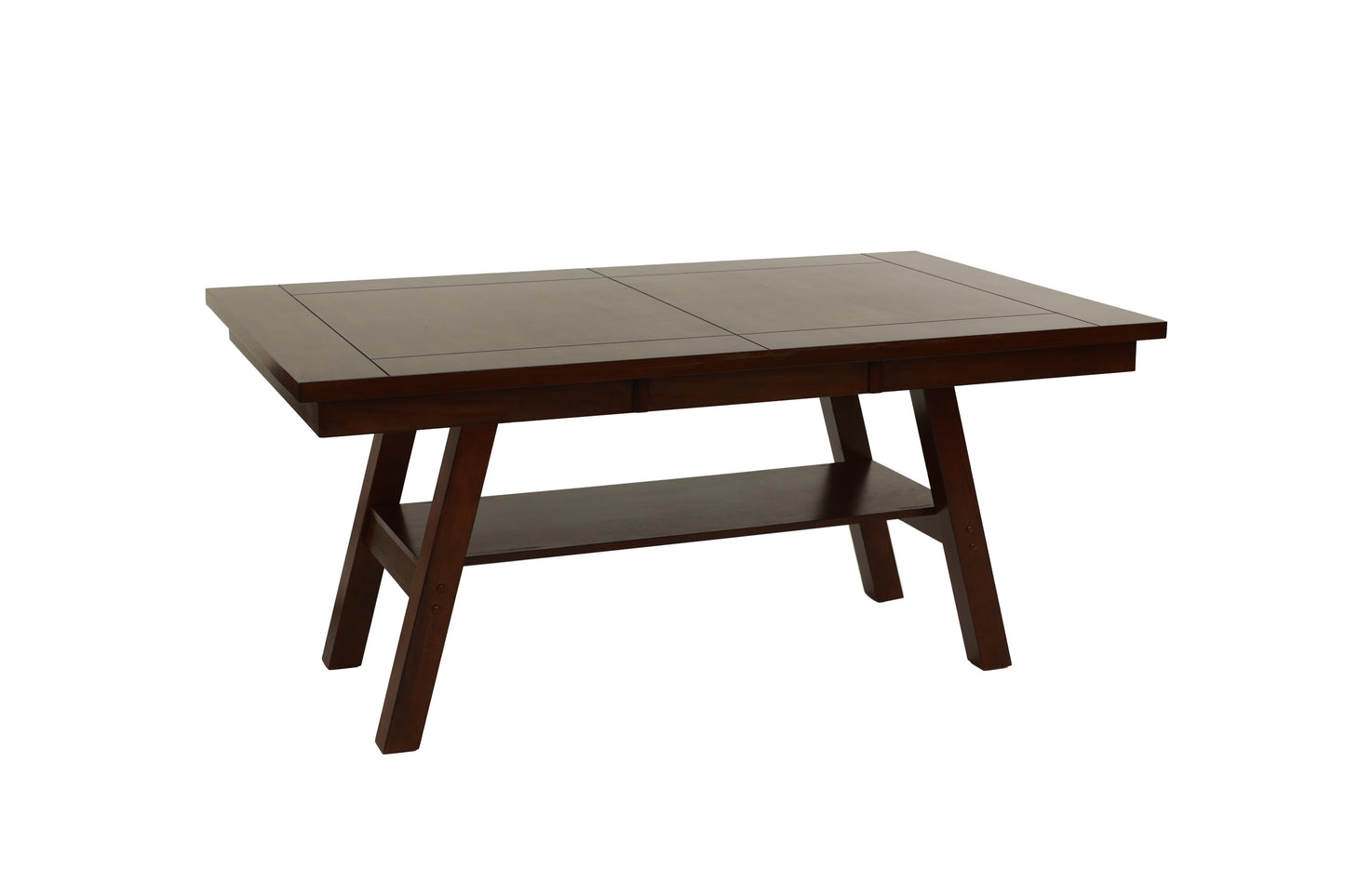 Dark brown wooden dining table with shelf and two drawers